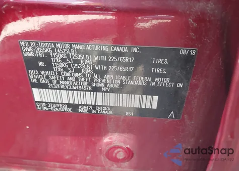 2018 Toyota Rav4 Le из США, поврежденный, VIN 2T3ZFREV3JW494978